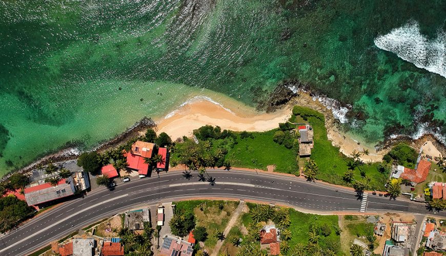 Aerial view of coastal road and beach in southern Sri Lanka