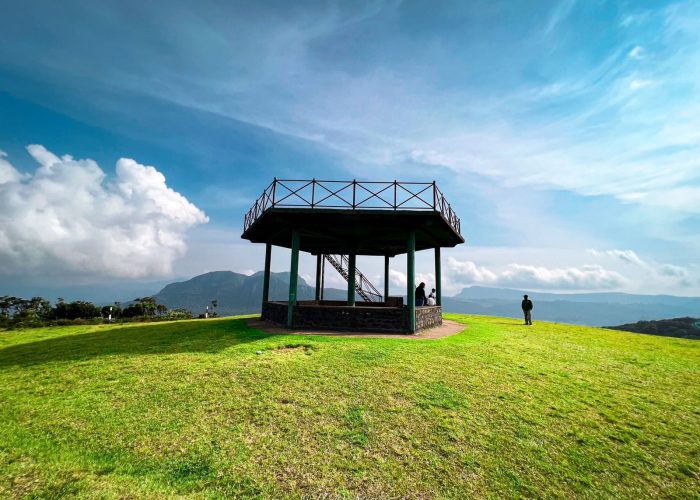 Golden sunset over misty tropical hills and forest landscape